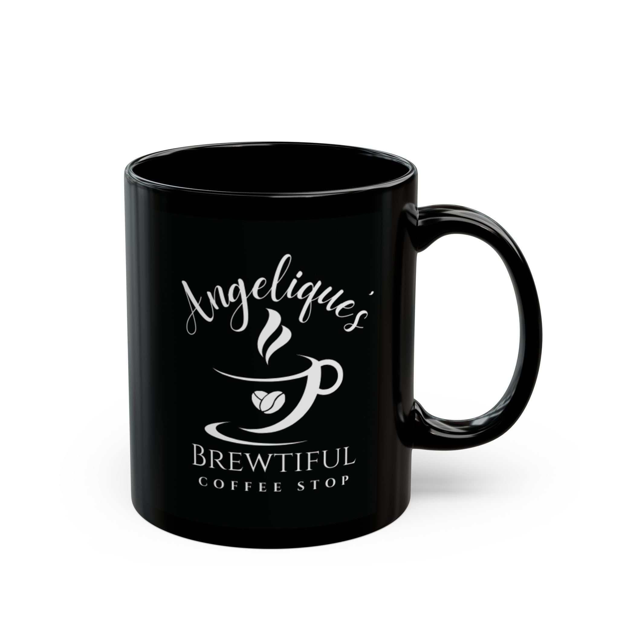 Angelique’s Brewtiful Coffee Mug — Cute Axolotl Latte Art Black Ceramic Mug